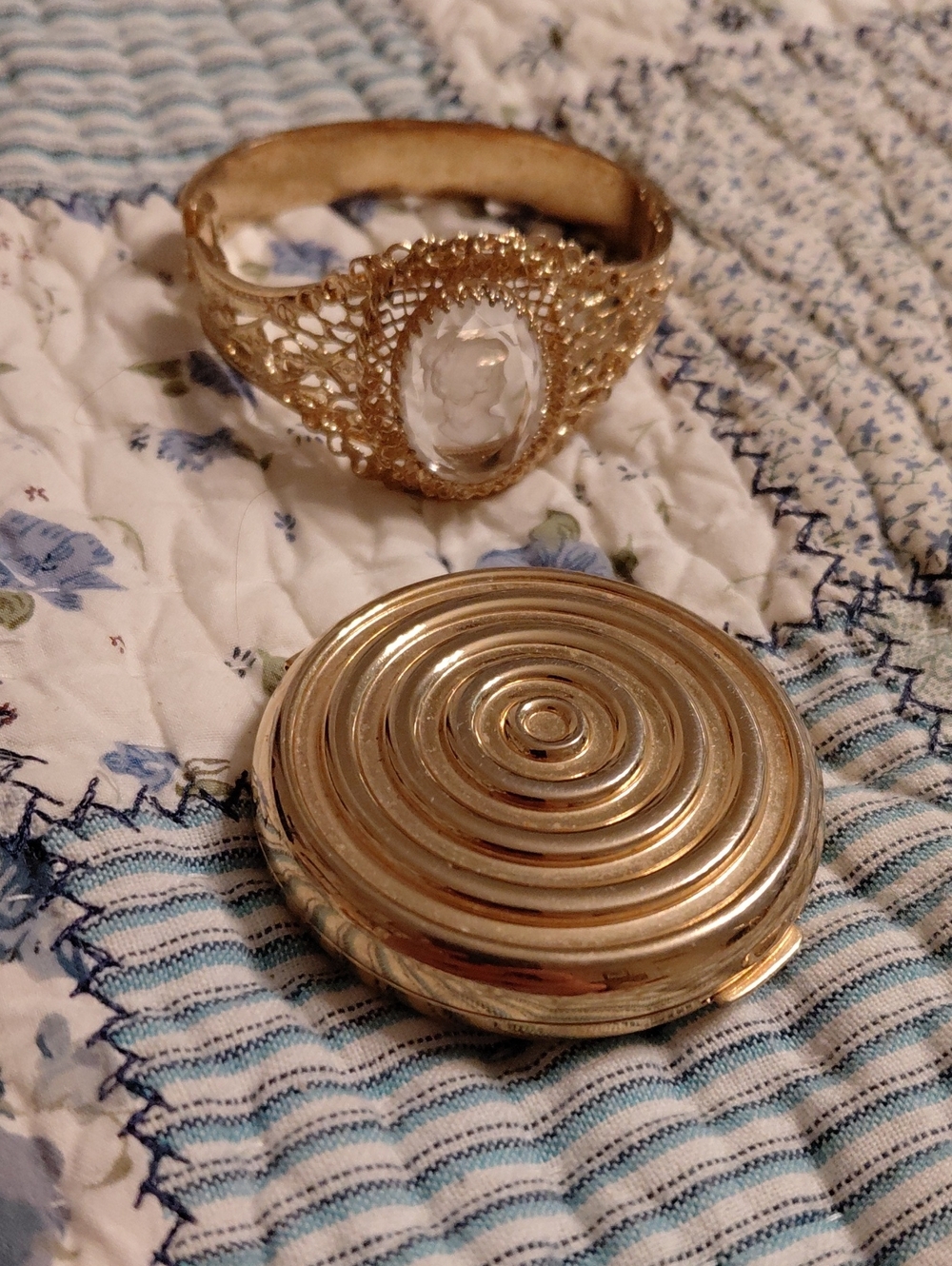 Gold Filigree Bracelet with Cameo And Vintage Estee Lauder Compact.